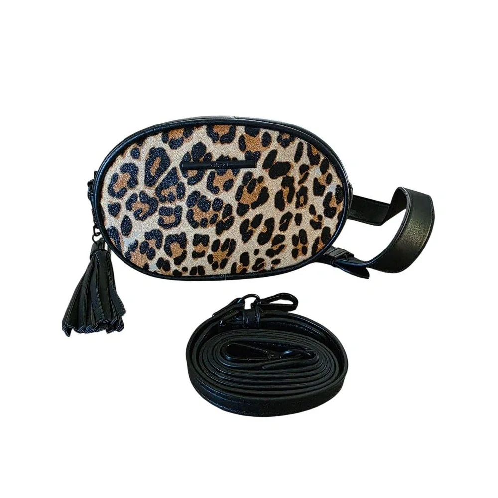ALDO Leopard Print‎ Crossbody Bag Black Faux Leather Tassel Detachable Strap